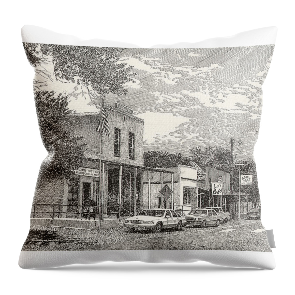 Hillsboro Nm Post Office Framed Prints And Note Cards Of Ink Drawings Of Scenic Southern New Mexico. Framed Canvas Prints Of Pen And Ink Images Of Southern New Mexico. Black And White Art Of Southern New Mexico Throw Pillow featuring the drawing Hillsboro NM Post Office by Jack Pumphrey