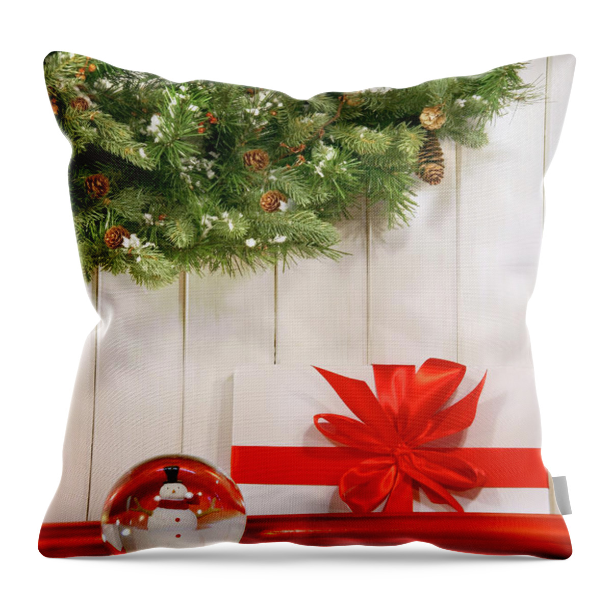 Bright Throw Pillow featuring the photograph Holiday wreath with snow globe by Sandra Cunningham