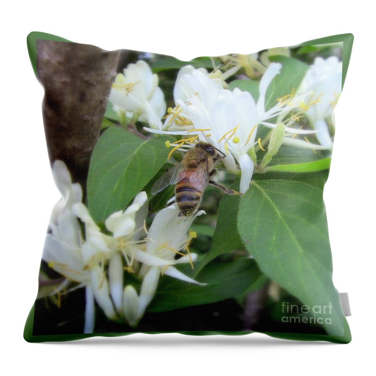 Honeybee Throw Pillow featuring the photograph Honeybee Collecting Pollen by Renee Trenholm