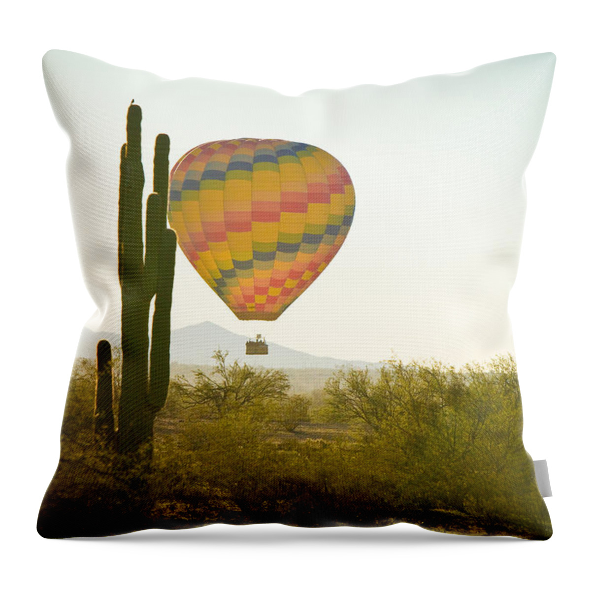 Arizona Throw Pillow featuring the photograph Hot Air Balloon over the Arizona Desert With Giant Saguaro by James BO Insogna