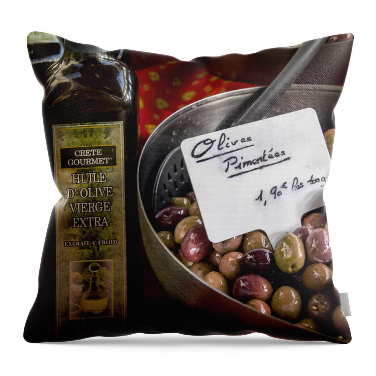 Olives Throw Pillow featuring the photograph Huile d' Olive by Marta Cavazos-Hernandez