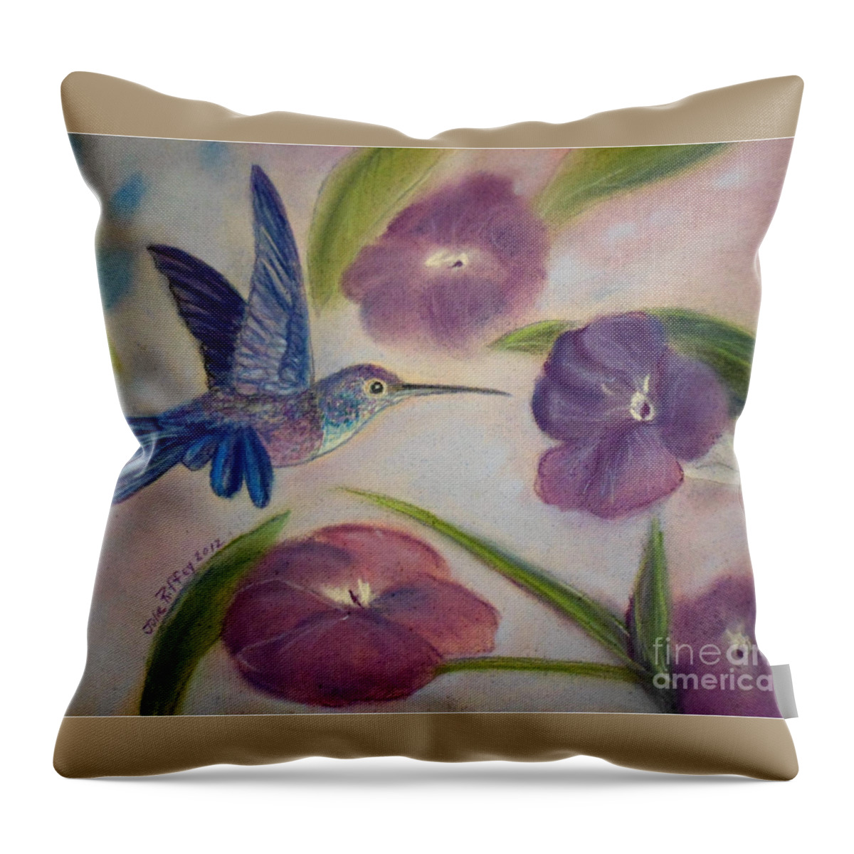 Hummingbird Throw Pillow featuring the pastel Hummingbird in Purple Flowers by Julie Brugh Riffey