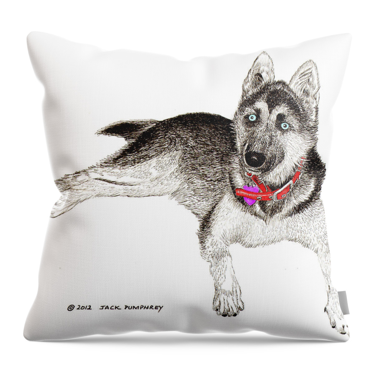 Framed Prints Of Blue Eyed Huskies Throw Pillow featuring the painting Husky with blue eyes and red collar by Jack Pumphrey