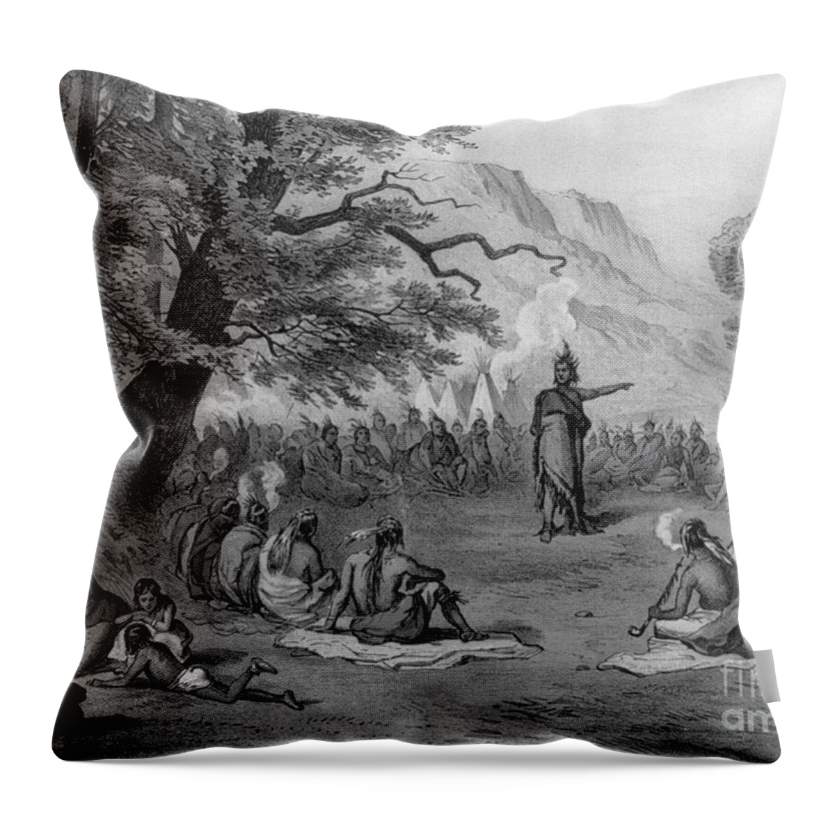 History Throw Pillow featuring the photograph Indian Chief Informing Tribe by Photo Researchers