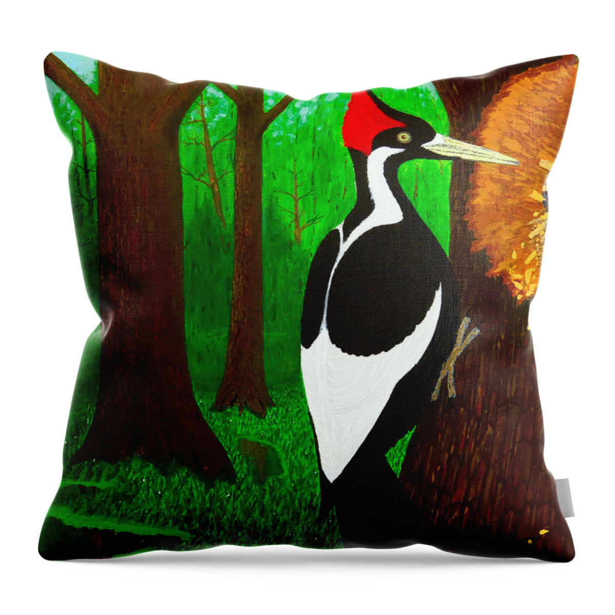 Ivory-billed Woodpecker Throw Pillow featuring the painting Ivory-Billed Woodpecker by L J Oakes