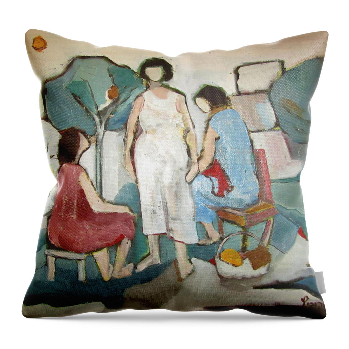 Jaffa Throw Pillow featuring the painting Jaffa Ladies impressions of women sitting outside in nature trees chair stool talking green white by Rachel Hershkovitz