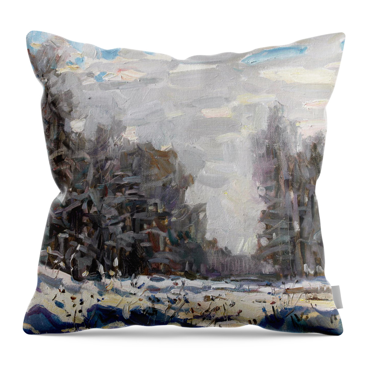 Winter Throw Pillow featuring the painting January near Moscow by Juliya Zhukova