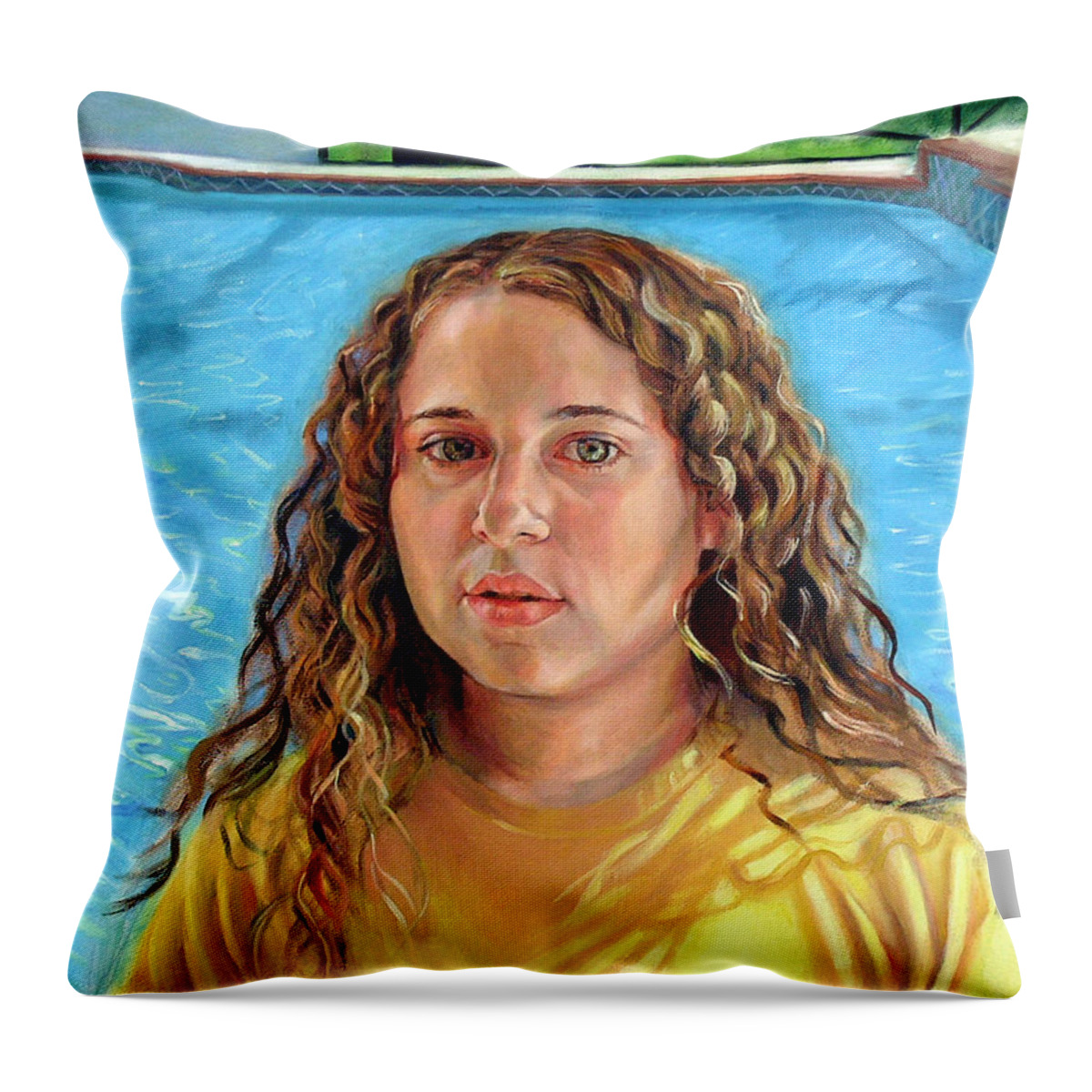  Throw Pillow featuring the painting Jeannie at the Pool by Nancy Tilles