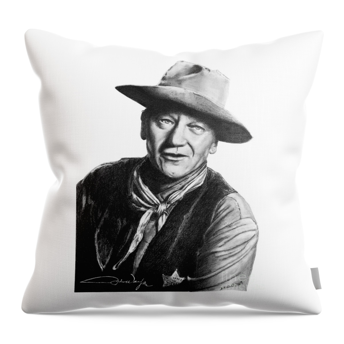 Graphite Throw Pillow featuring the drawing John Wayne Sheriff by Marianne NANA Betts