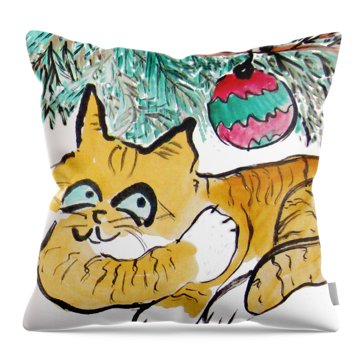 Funny Happy Humor Cute Animal Whimsy Whimsical Pets Christmas christmas-cat christmas Kitten  Cats Throw Pillow featuring the painting Just Stretching by Ellen Miffitt