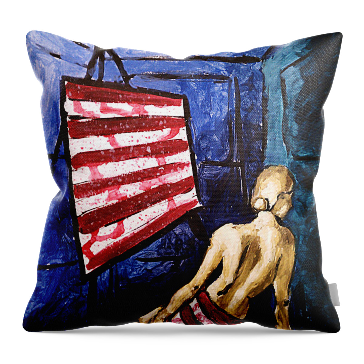 Lady Liberty Painting Throw Pillow featuring the painting Lady Liberty Female Flag Figure Painting in Red Green Blue and Yellow by M Zimmerman