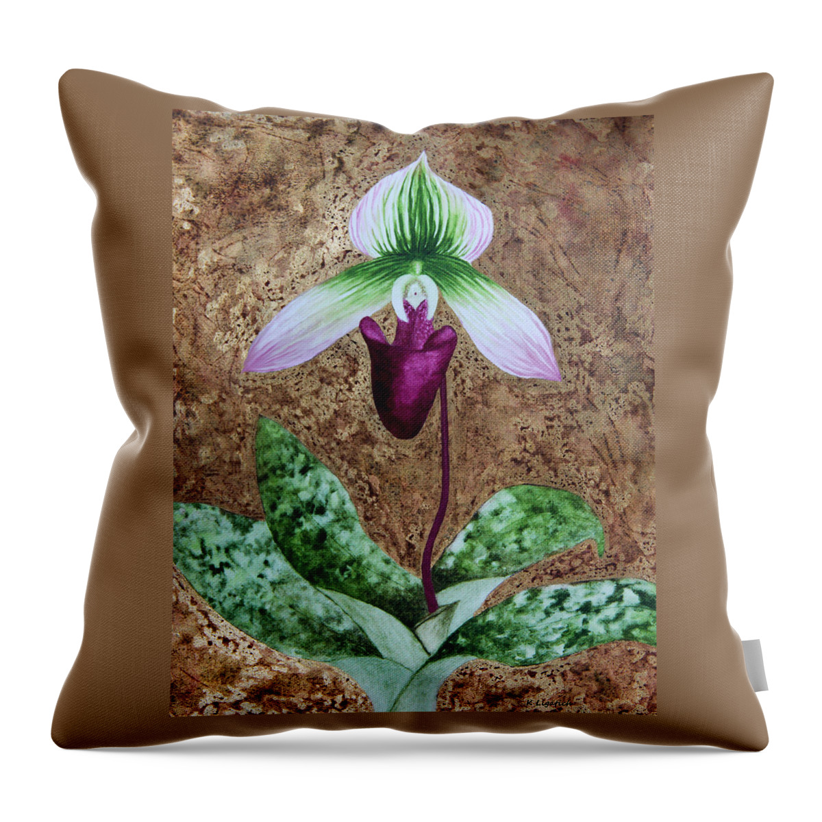 Floral Throw Pillow featuring the mixed media Lady Slipper Orchid with Gold Leaf background by Kerri Ligatich