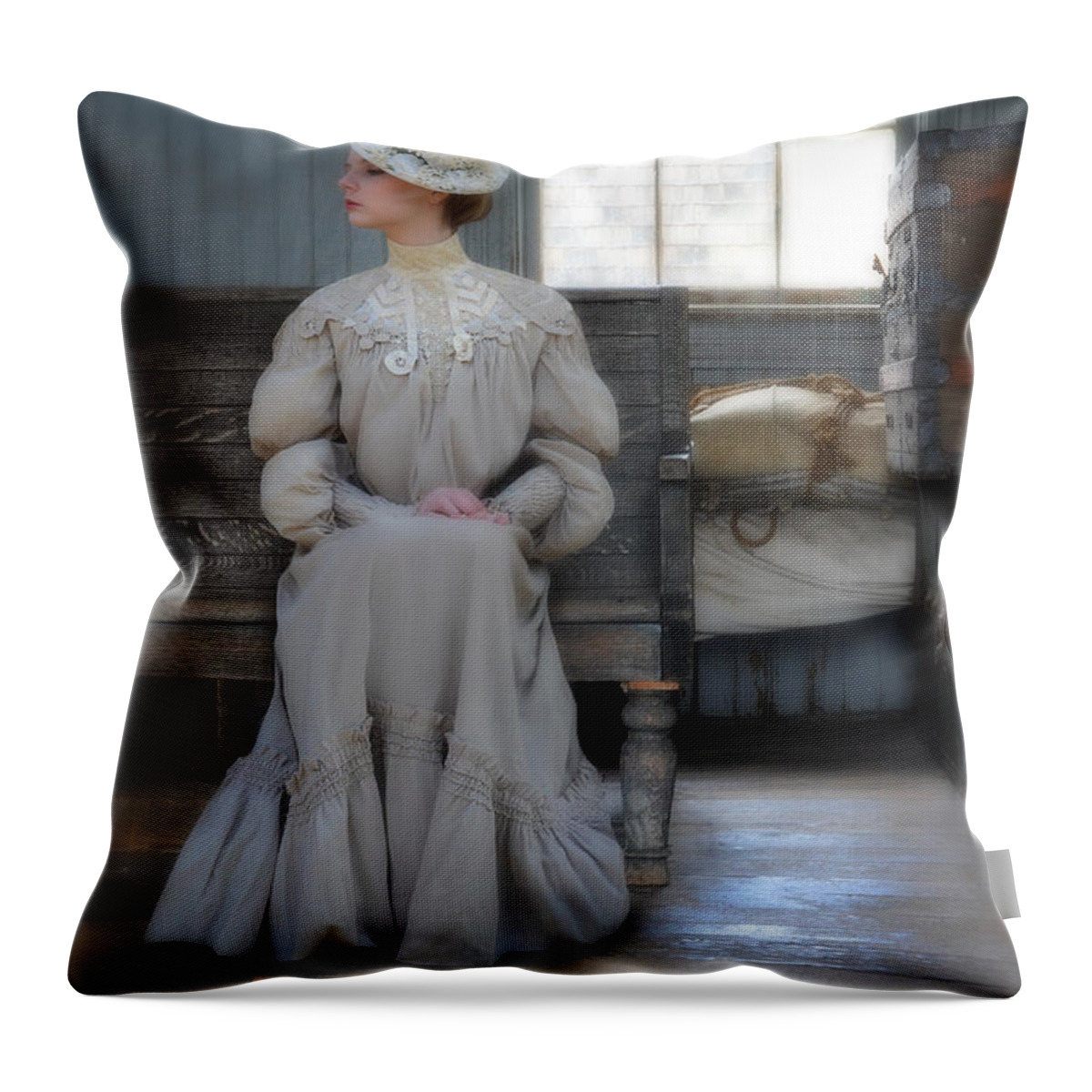 Young Throw Pillow featuring the photograph Lady Waiting in Train Depot by Jill Battaglia