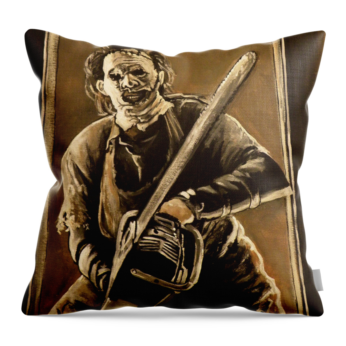Texas Chainsaw Massacre Throw Pillow featuring the painting Leatherface by Tom Carlton