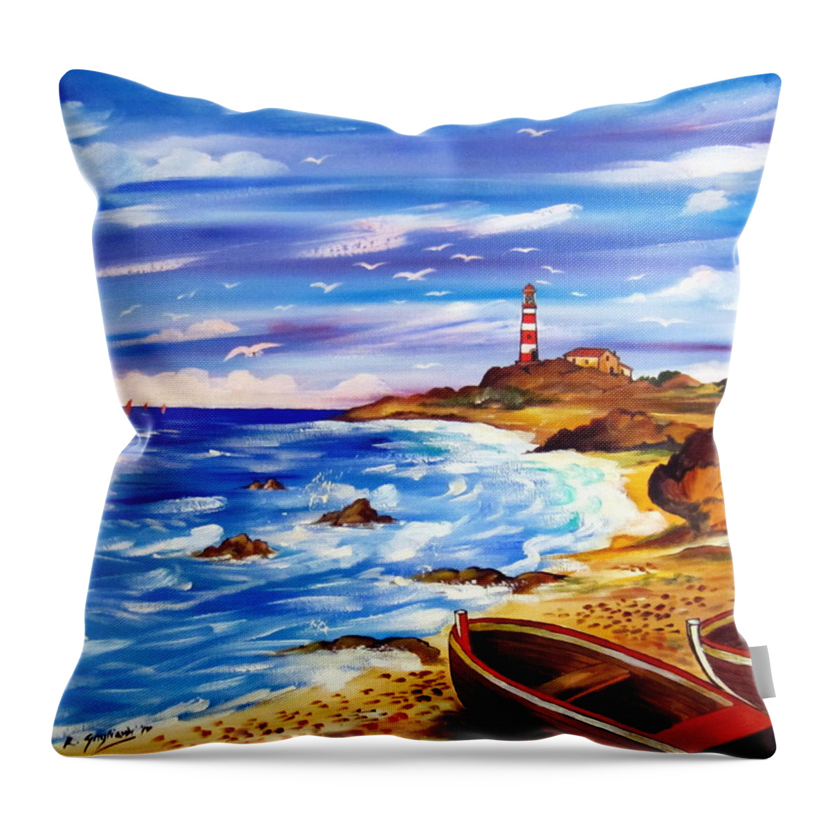 Landscape Throw Pillow featuring the painting Lighthouse Island by Roberto Gagliardi