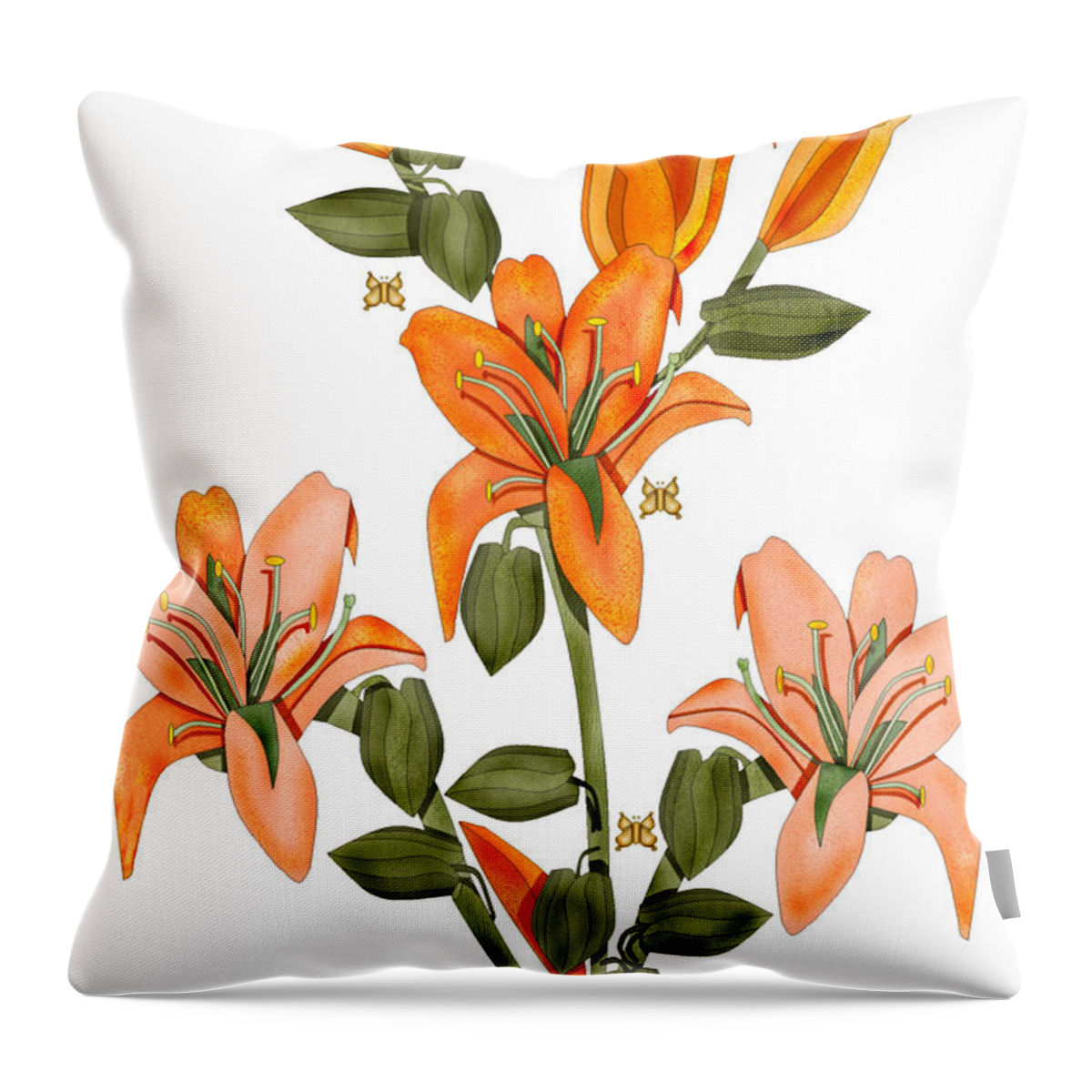 Anne Norskog Throw Pillow featuring the painting Living Sculpture I Peach Lily Flowers and Buds by Anne Norskog