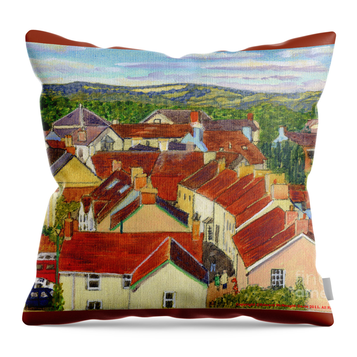 Painting Llandovery Roof Tops Throw Pillow featuring the painting Painting Llandovery Roof Tops by Edward McNaught-Davis