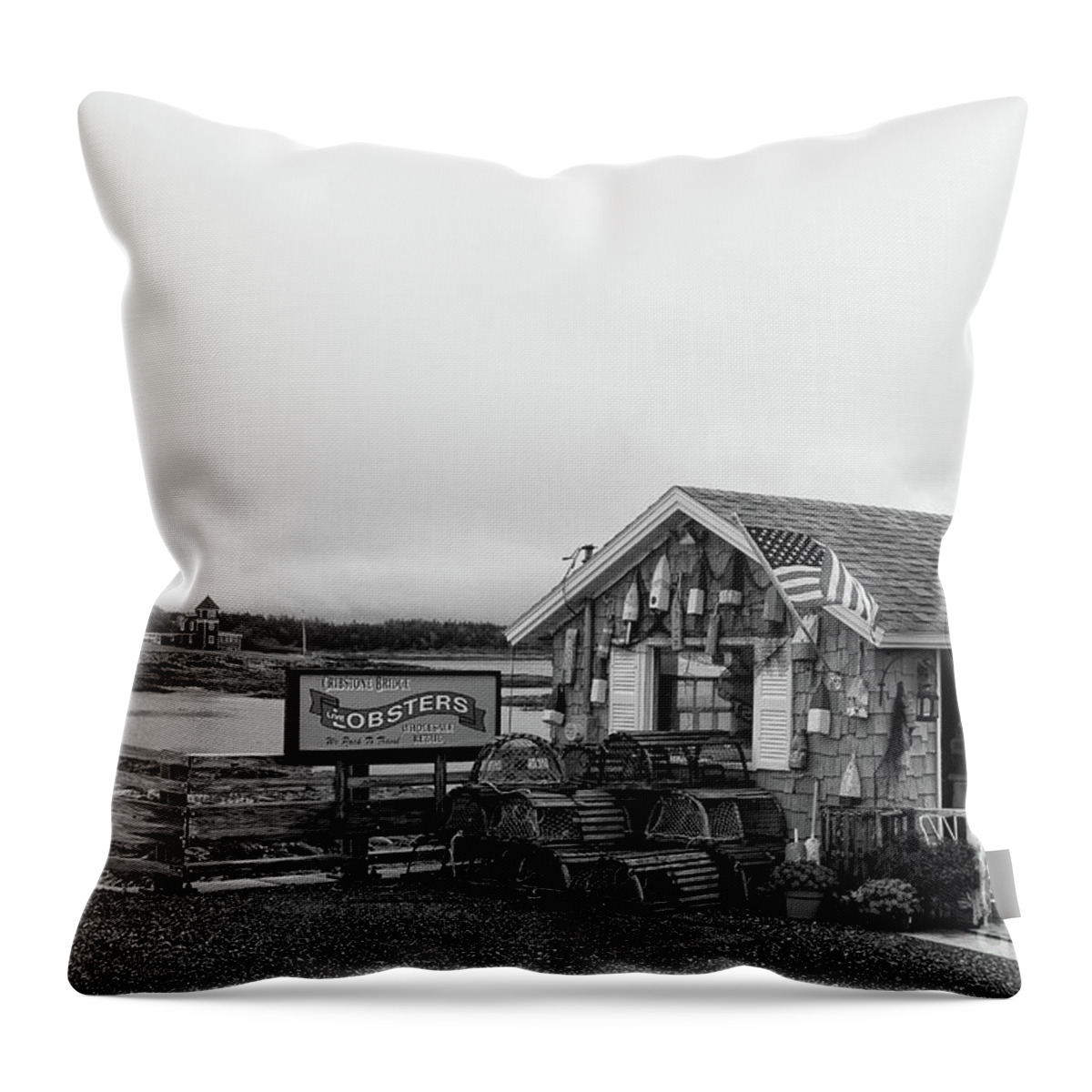 Maine Throw Pillow featuring the photograph Lobster House bw by Sue Karski