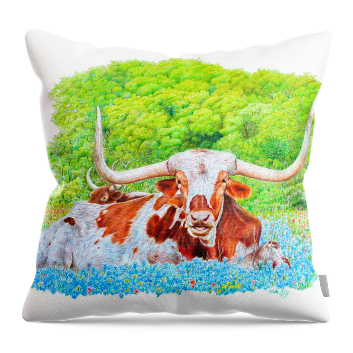 Animal Throw Pillow featuring the drawing Longhorns in Bluebonnets by Mike Ivey