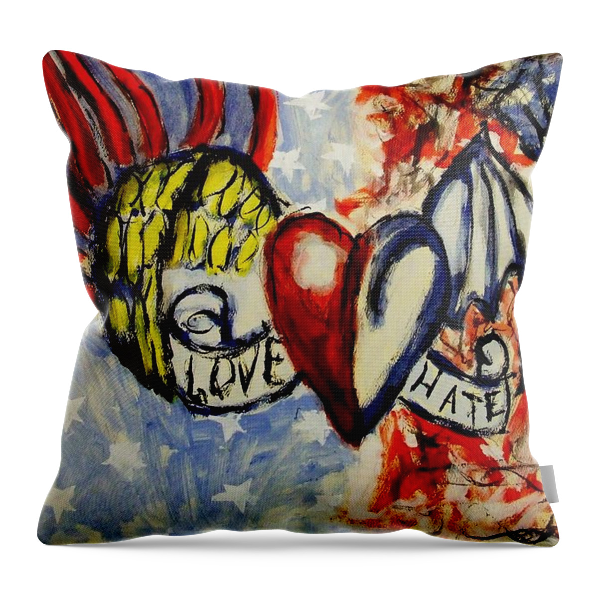 Love Throw Pillow featuring the painting Love and Hate Angel and Devil American Hearts and Flags with Wings and Stars by MendyZ M Zimmerman