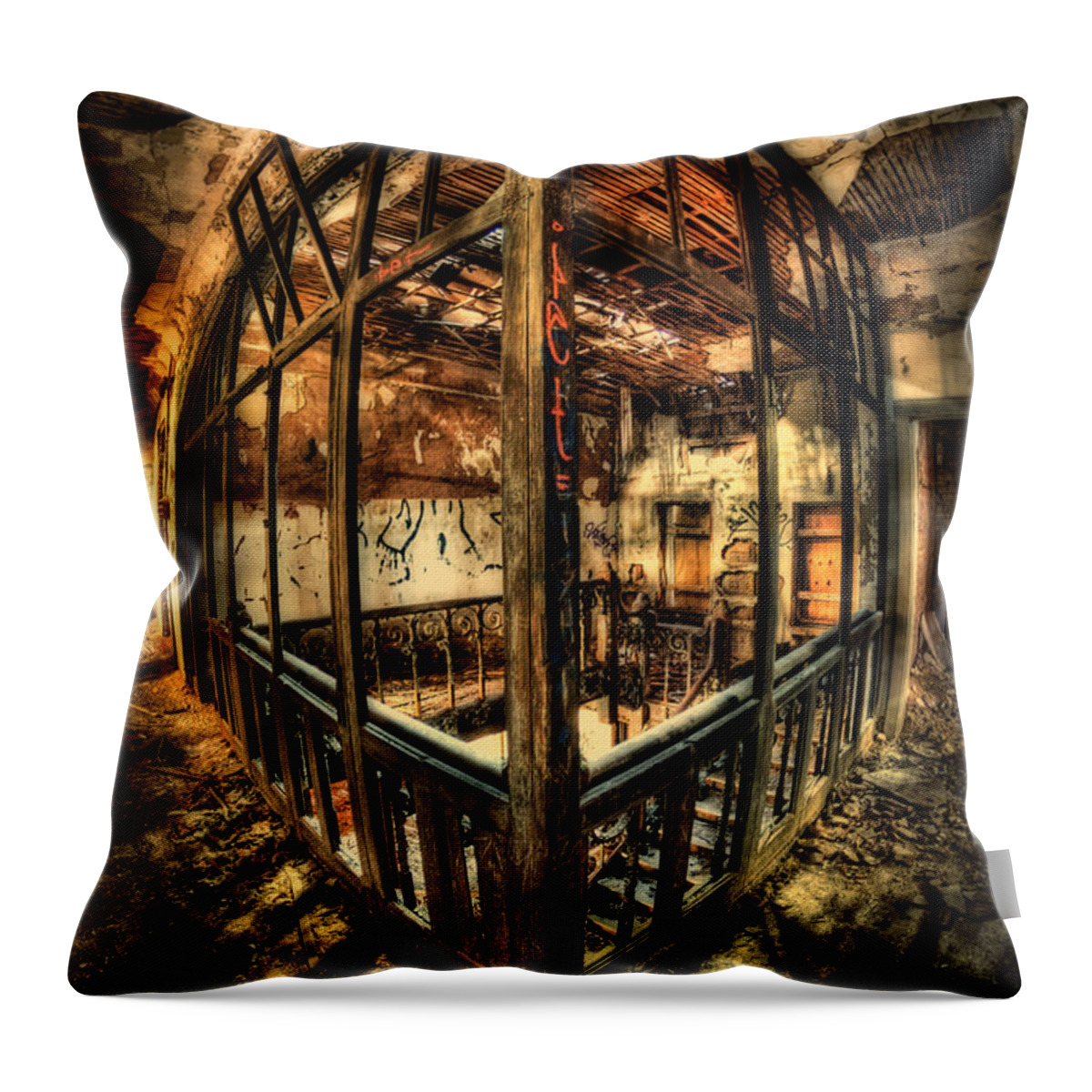 Abandoned Throw Pillow featuring the photograph Madness Comes To Overload by Evelina Kremsdorf