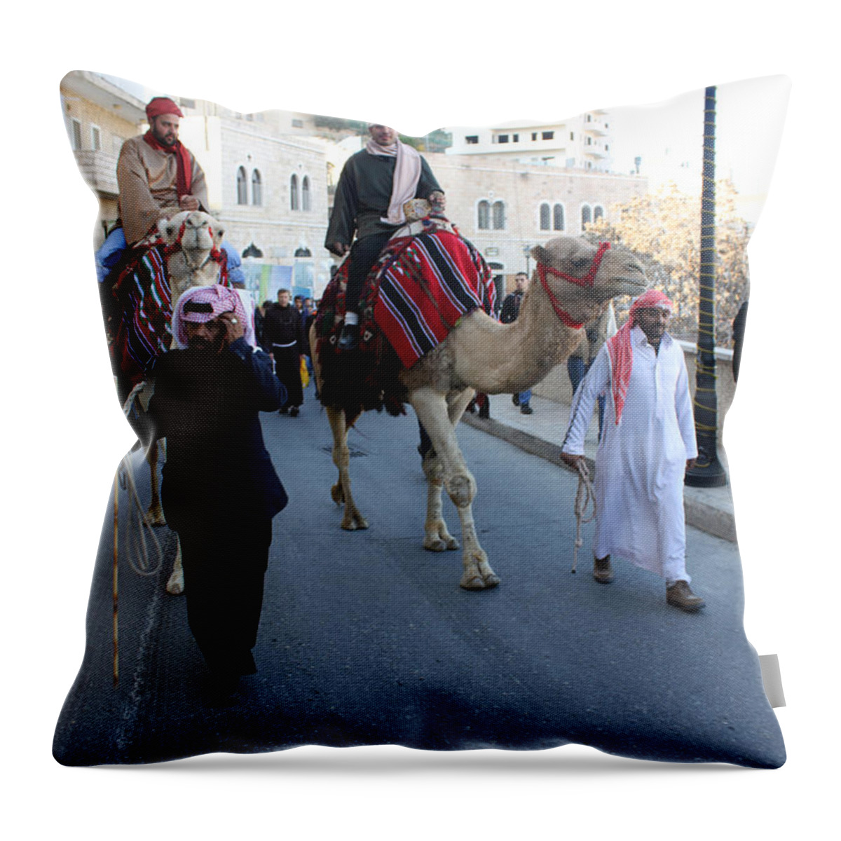 Mager Throw Pillow featuring the photograph Magi going to Manger Grotto by Munir Alawi