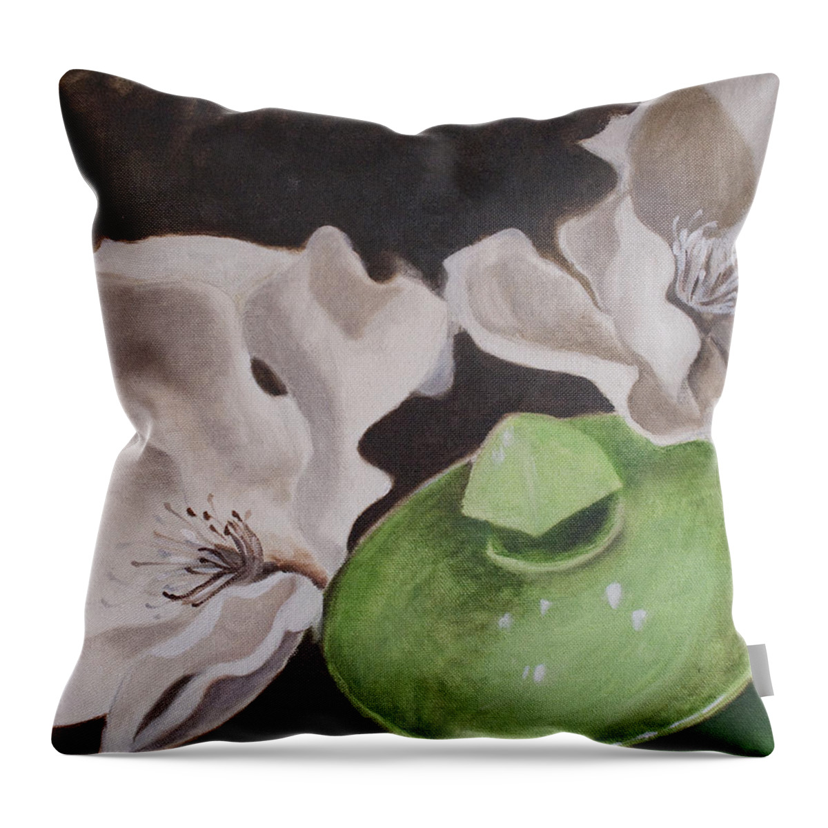 Oil Painting Throw Pillow featuring the painting Magnolias with green sugar bowl by Jaime Haney