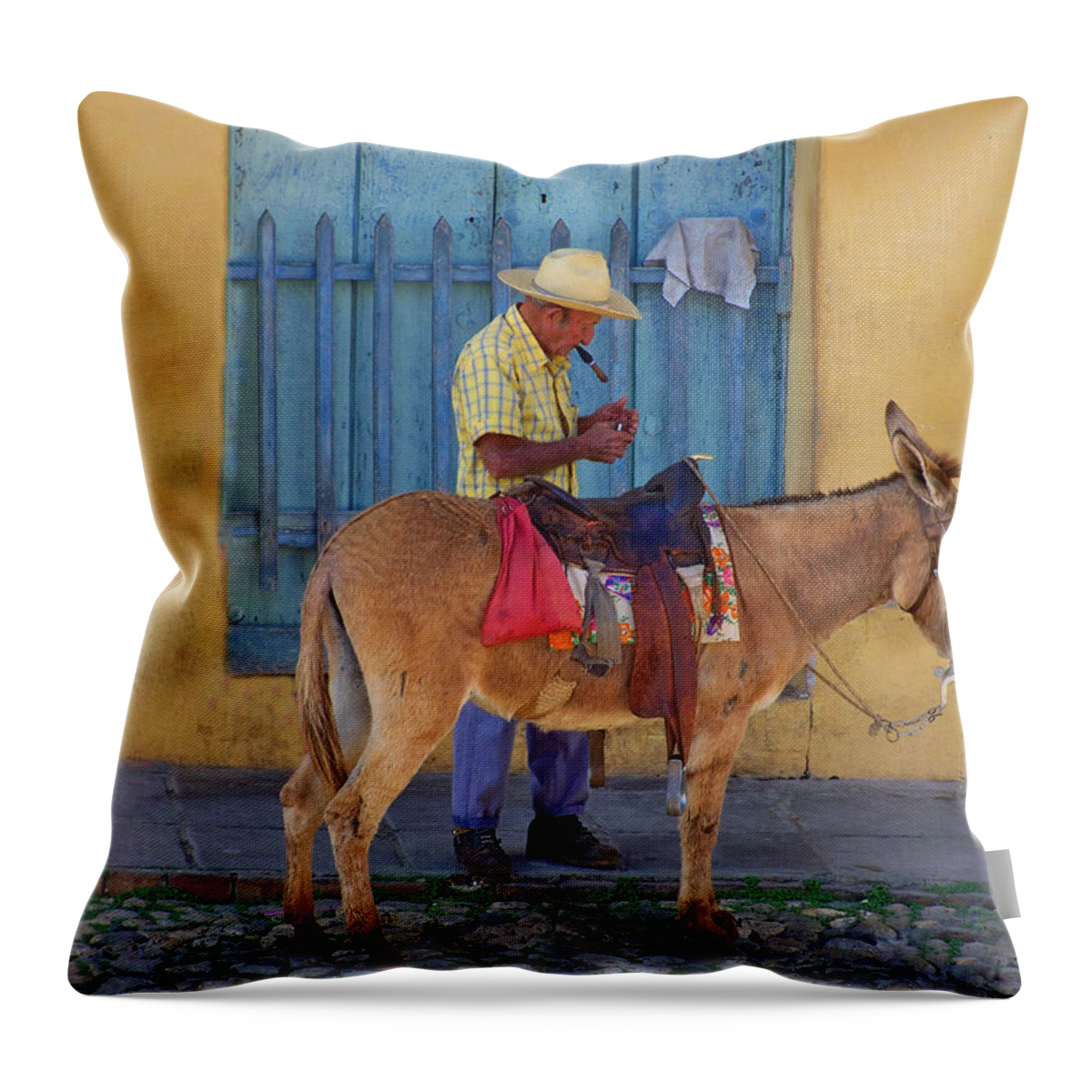Cuba Throw Pillow featuring the photograph Man and a Donkey by Lynn Bolt