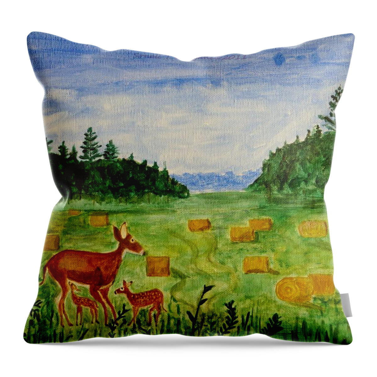 Trees Throw Pillow featuring the painting Mother Deer and kids by Sonali Gangane