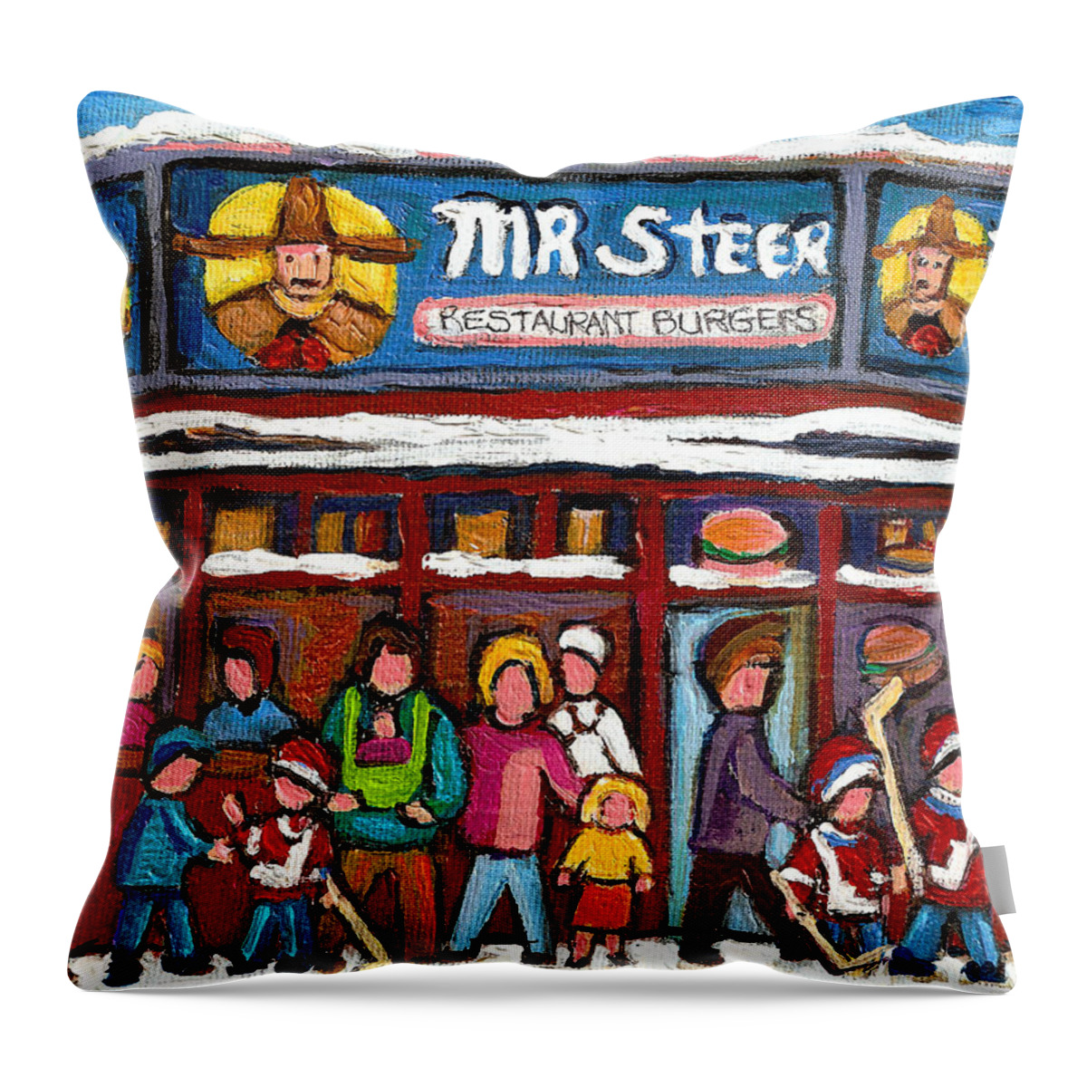 Mr.steer Restaurant Montreal Restaurants Throw Pillow featuring the painting Mr Steer Restaurant Montreal by Carole Spandau