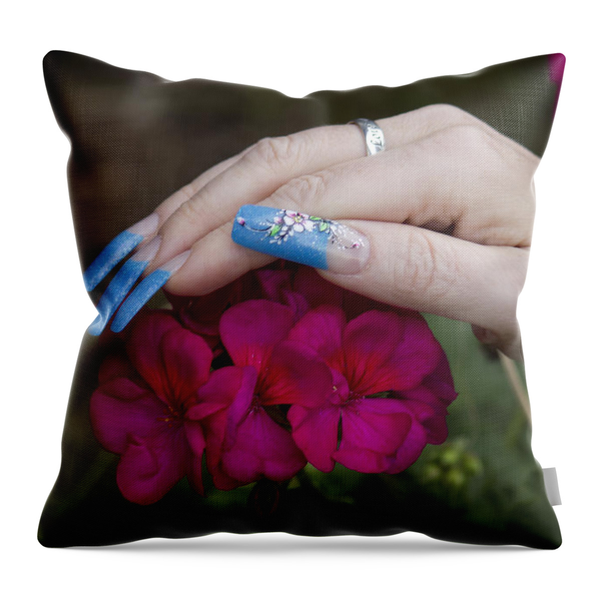 Landscape Throw Pillow featuring the photograph Nails and Geranium by Donna L Munro