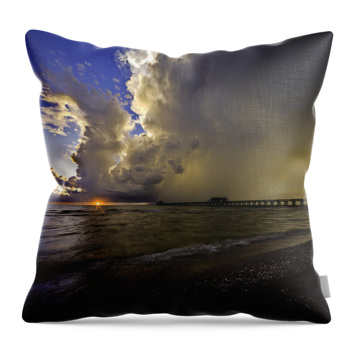 Naples Pier Throw Pillow featuring the photograph Naples Pier Storm Sunset by Nick Shirghio