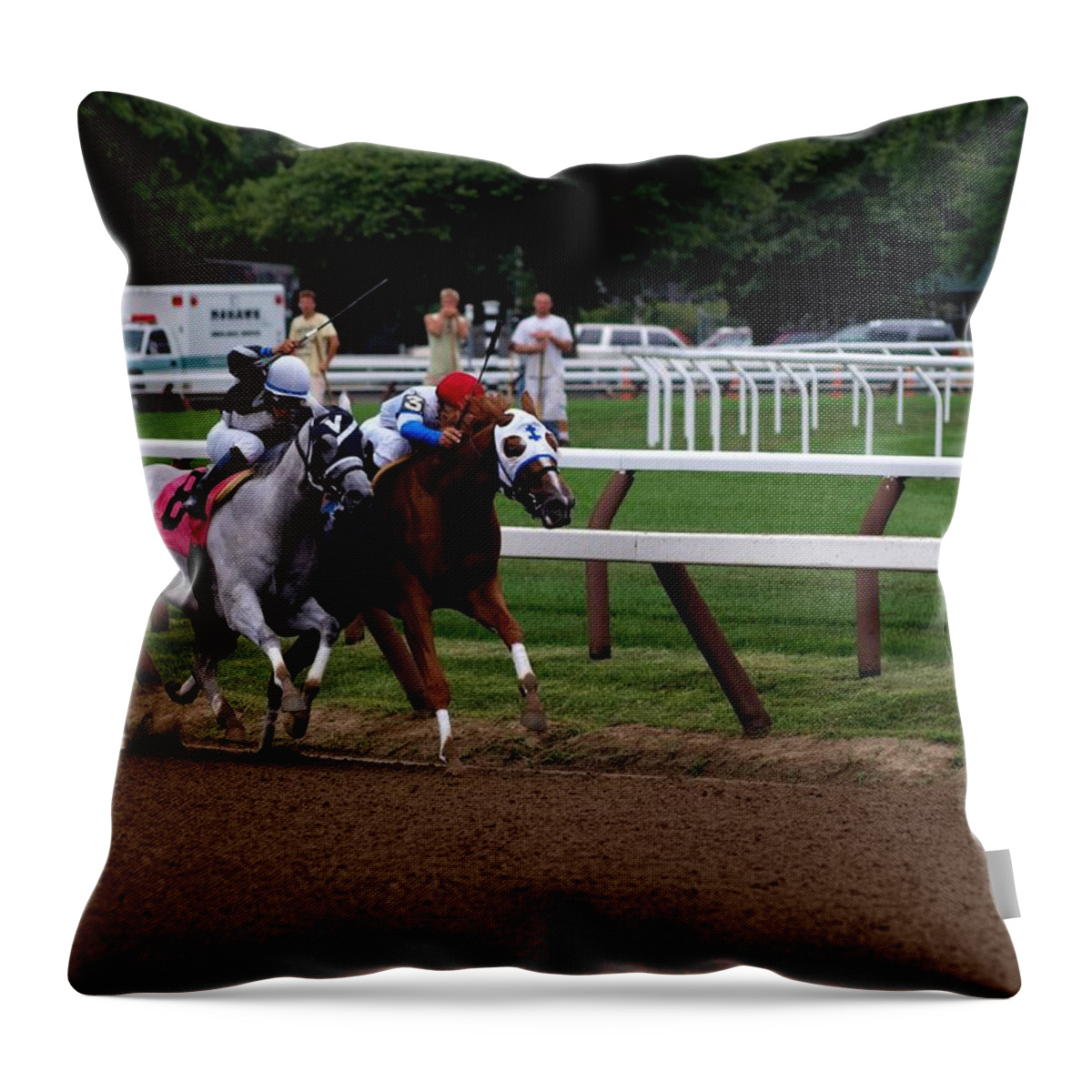 Horse Racing Throw Pillow featuring the photograph Neck and Neck at Saratoga two by Joshua House