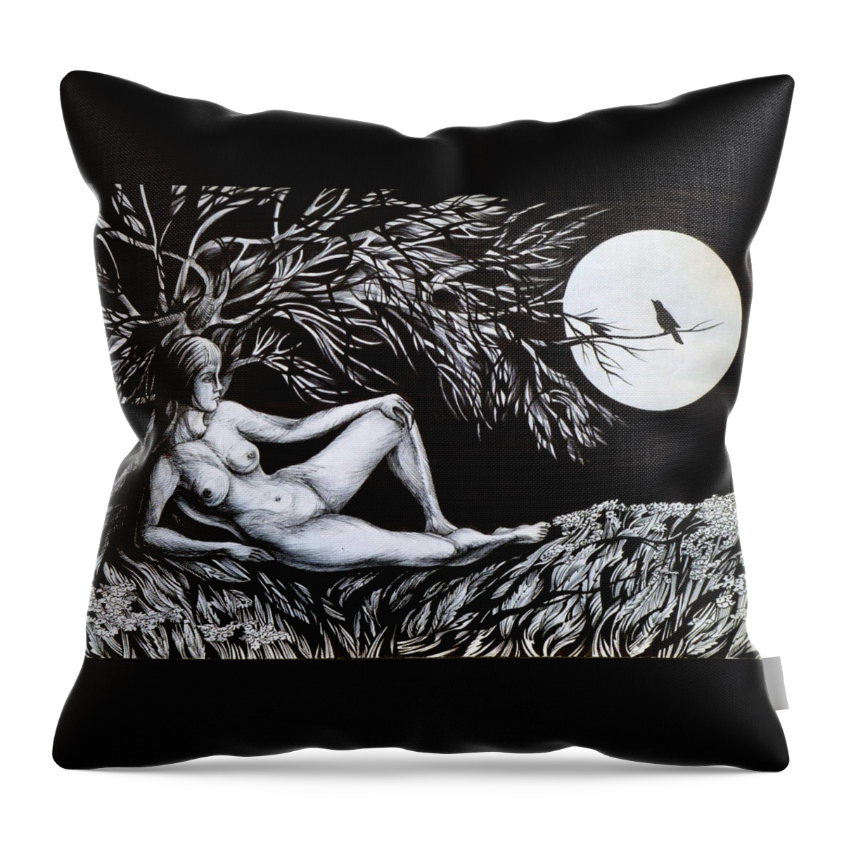 Pen And Ink Throw Pillow featuring the drawing Nightingale Song. Part One by Anna Duyunova