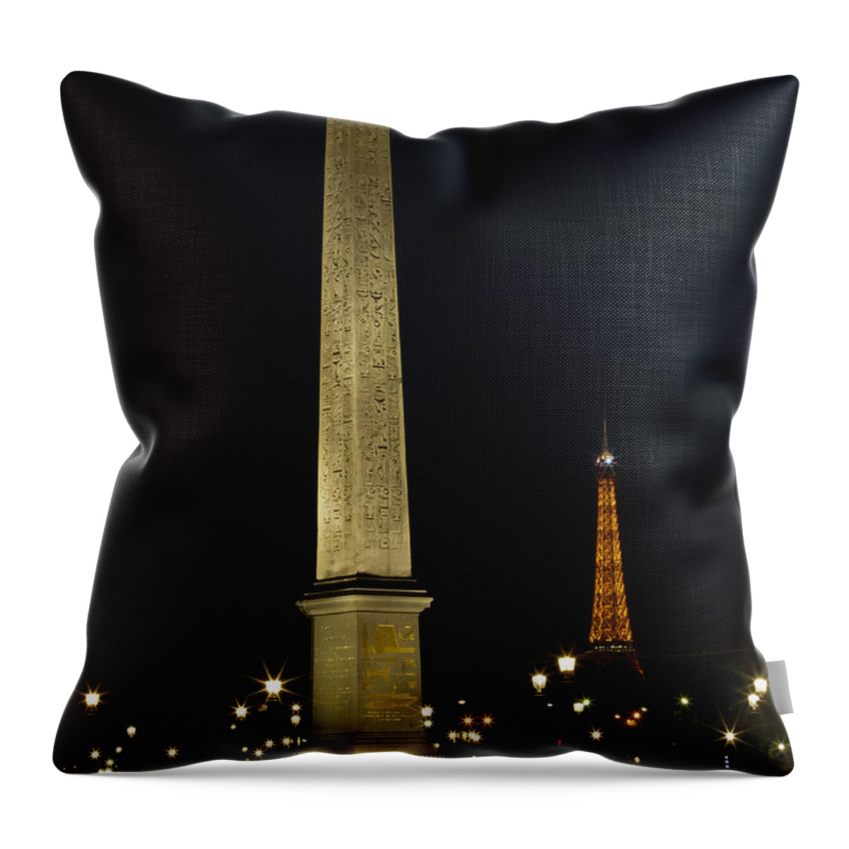 Clarence Holmes Throw Pillow featuring the photograph Obelisk of Luxor and Eiffel Tower at Night by Clarence Holmes