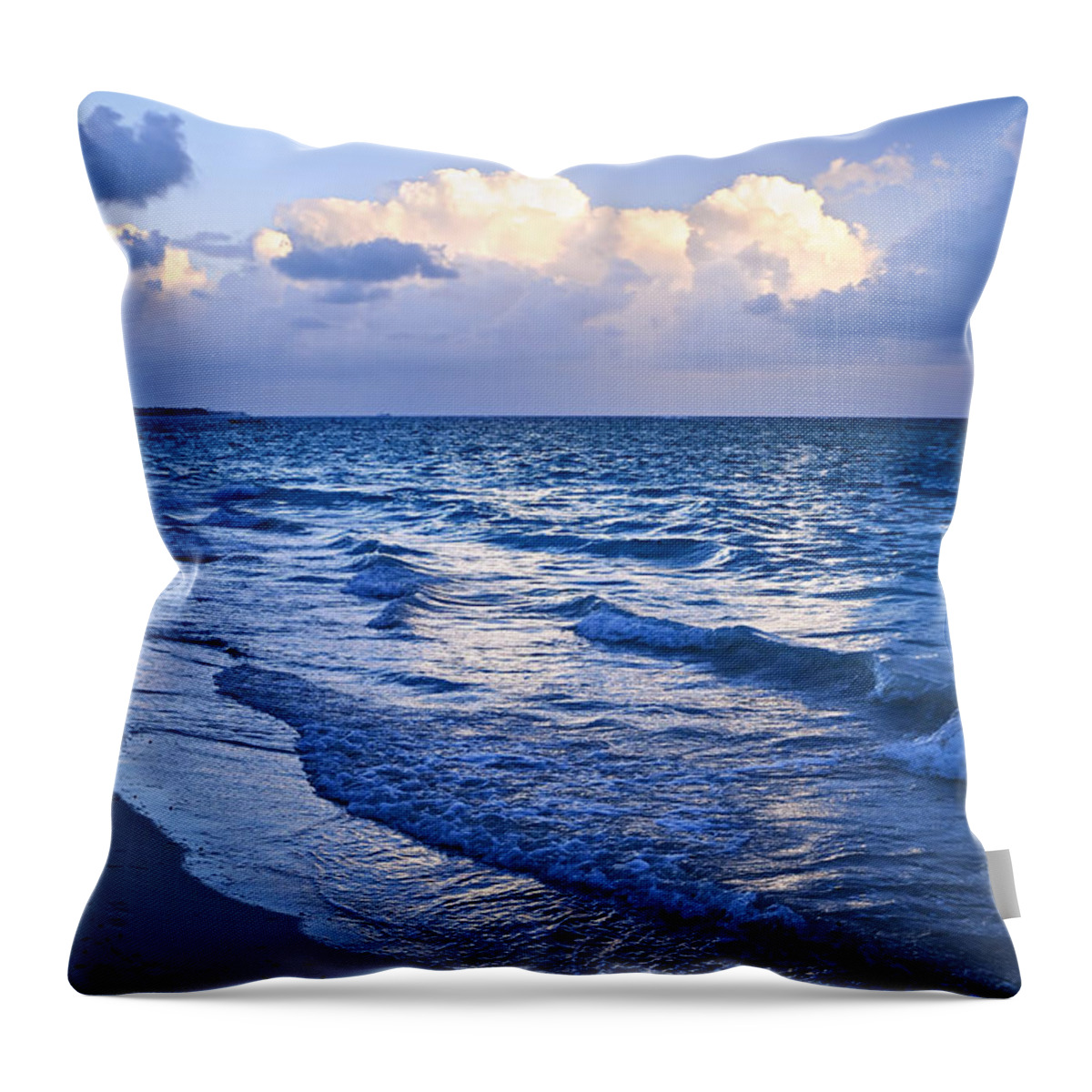 Sunrise Throw Pillow featuring the photograph Ocean waves on beach at dusk by Elena Elisseeva