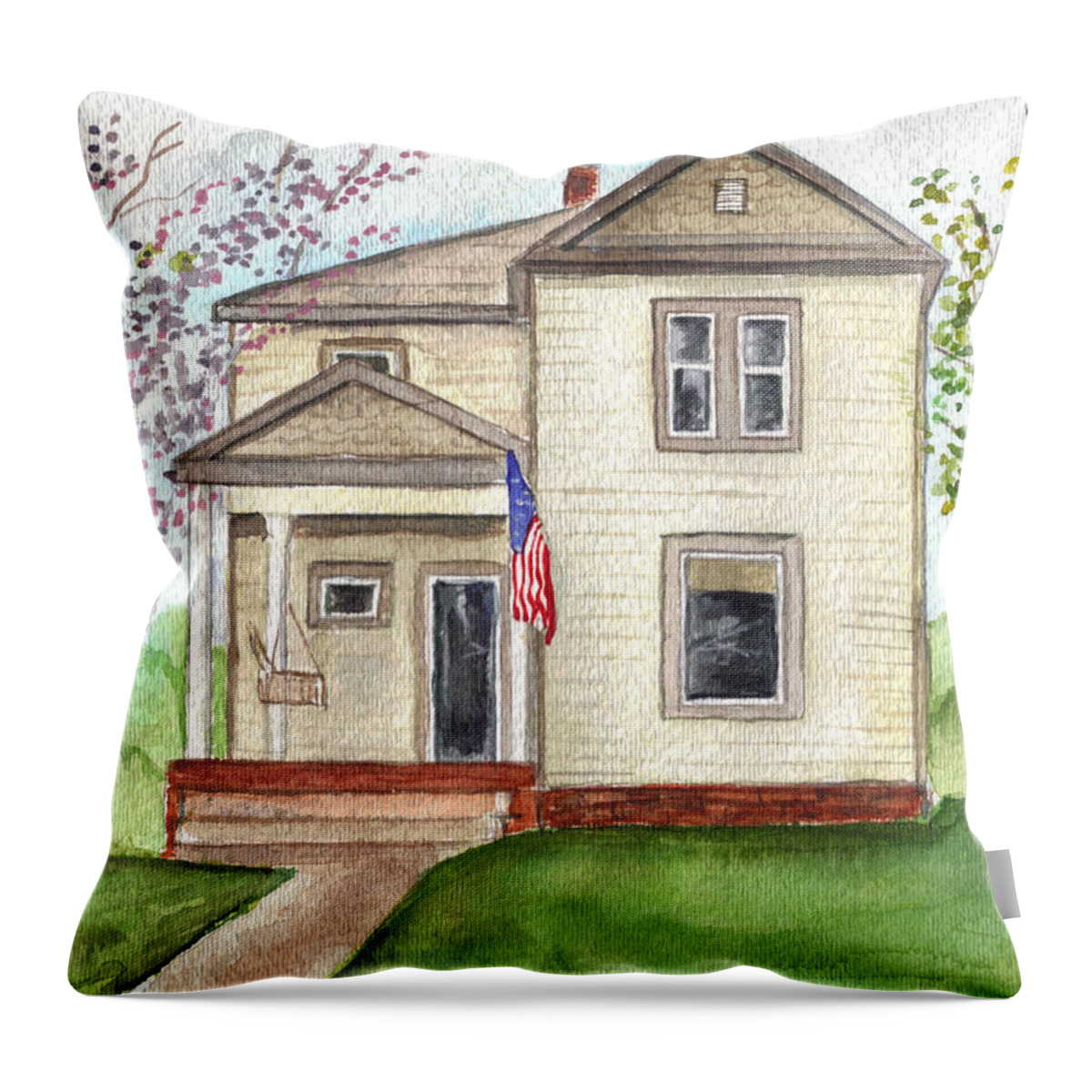 Flag Throw Pillow featuring the painting Ohio cottage with Flag by Clara Sue Beym