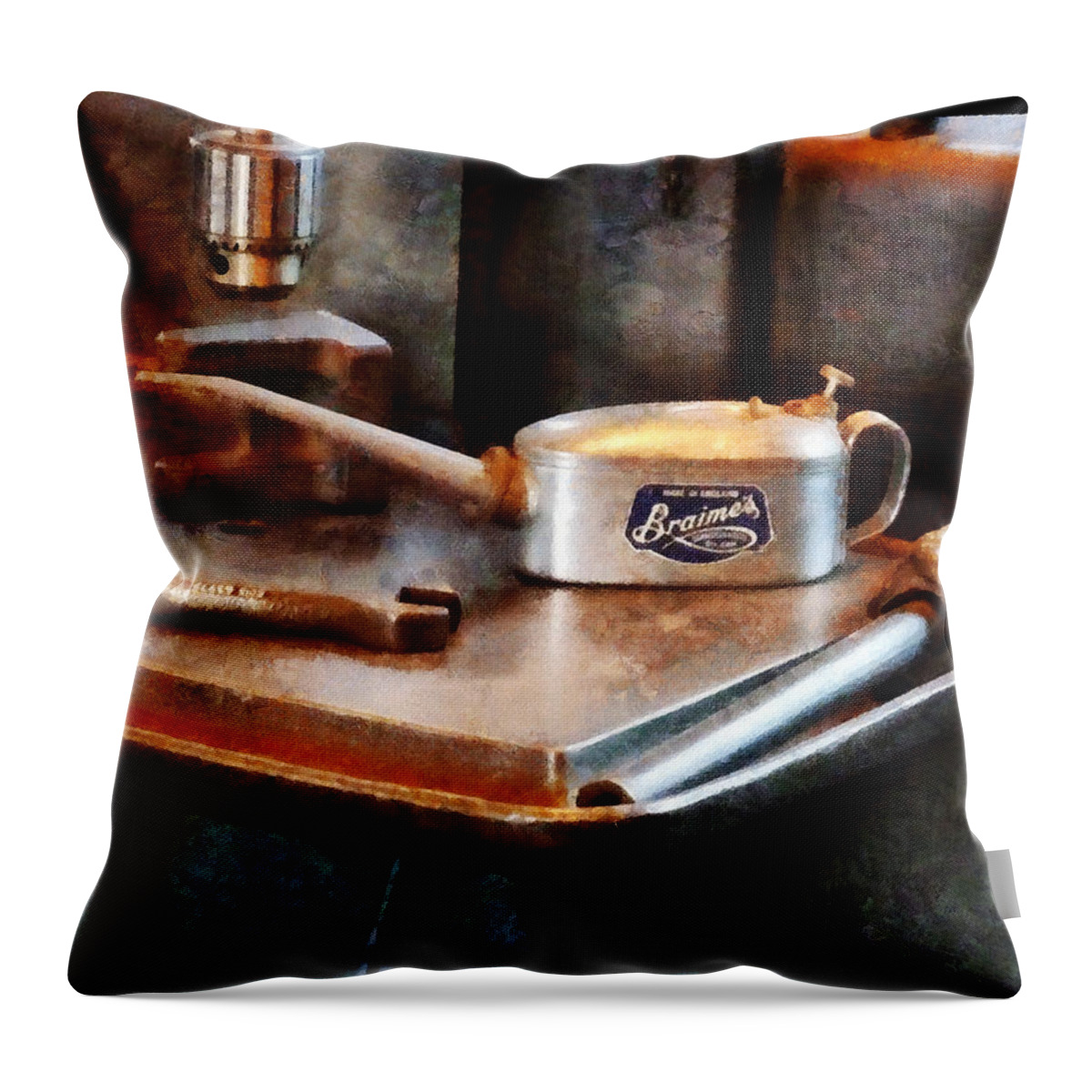 Construction Throw Pillow featuring the photograph Oil Can and Wrench by Susan Savad