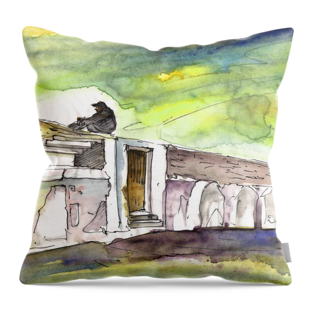 Travel Sketch Throw Pillow featuring the painting Old and Lonely in Crete 01 by Miki De Goodaboom