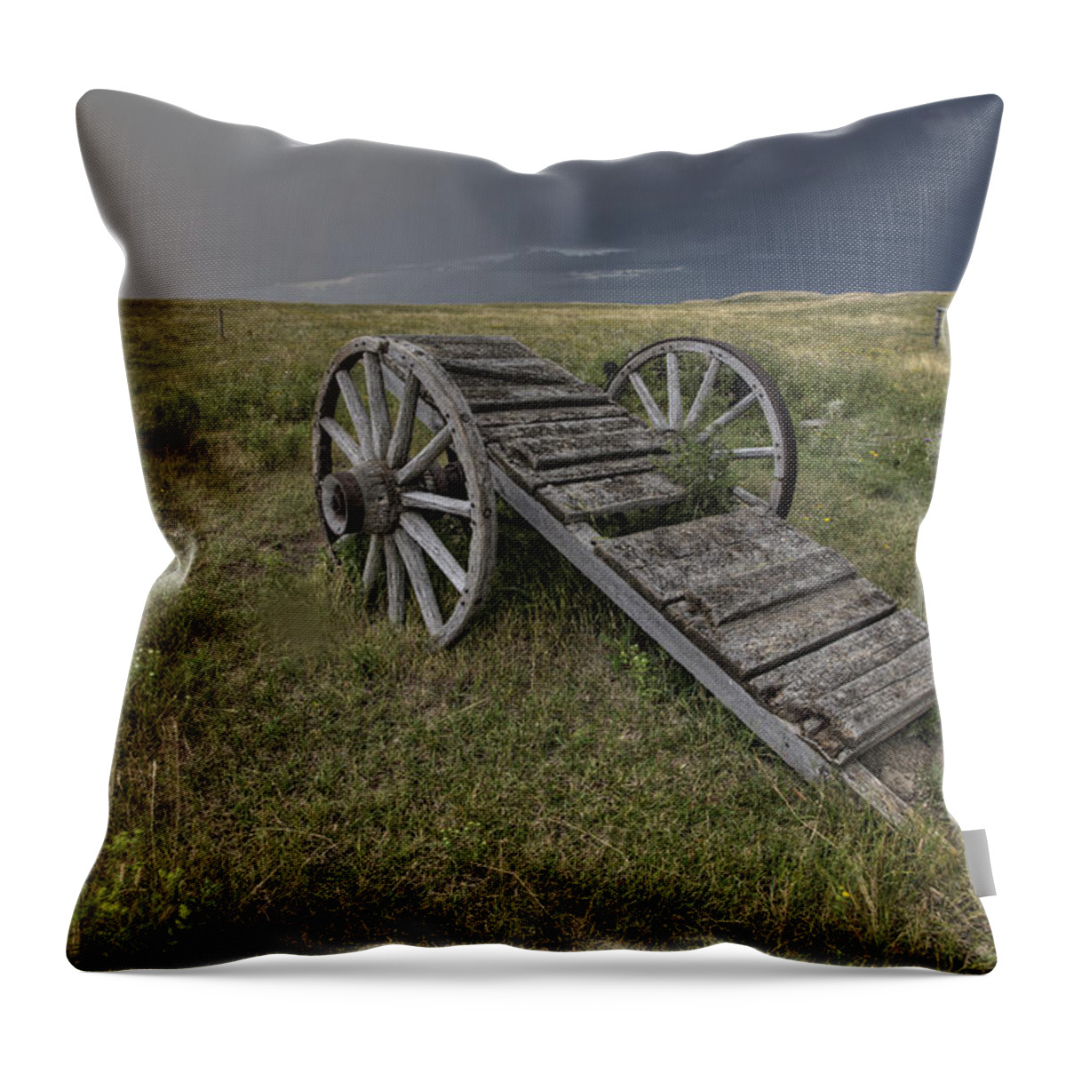 Wheel Throw Pillow featuring the digital art Old Prairie Wheel Cart Saskatchewan by Mark Duffy