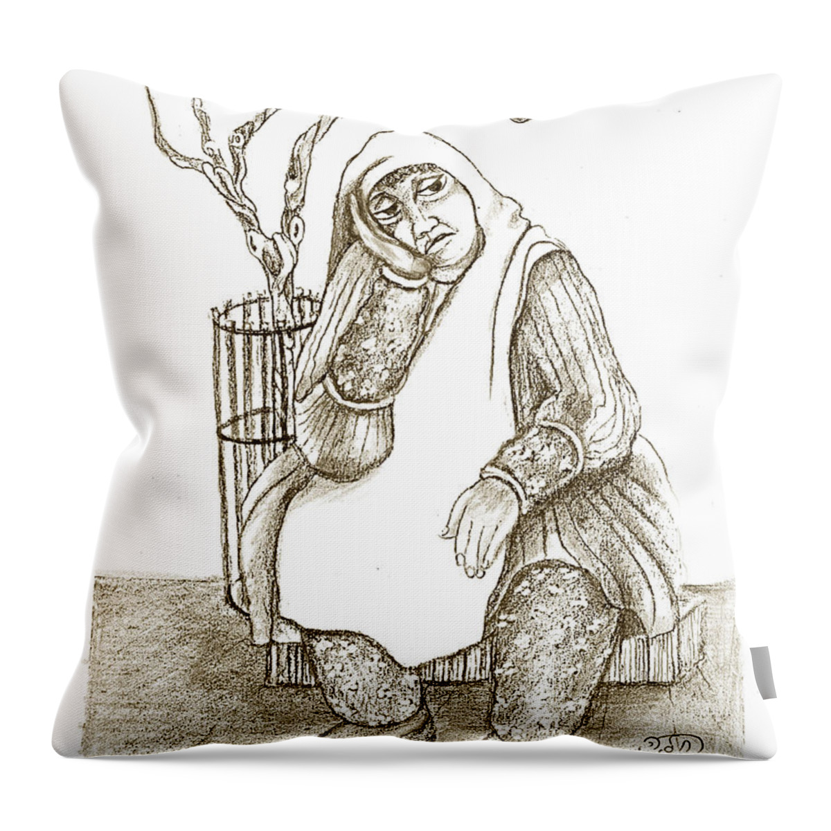 Old Woman Throw Pillow featuring the painting Old Woman in the street sitting near a tree on a bench looking sad and tired by Rachel Hershkovitz