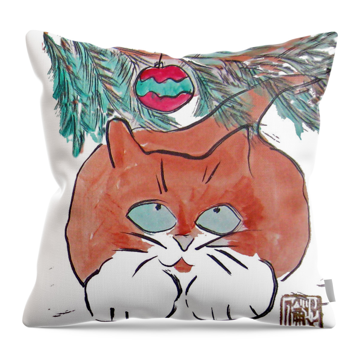 Funny Happy Humor Cute Animal Whimsy Whimsical Pets Christmas “christmas-cat” “christmas Kitten”  Cats Throw Pillow featuring the painting Ornament Temptation by Ellen Miffitt