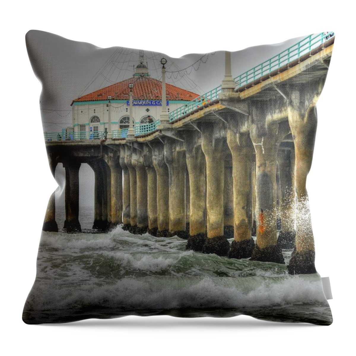 Manhattan Beach Pier Throw Pillow featuring the photograph Overcast Manhattan Beach Pier by Richard Omura