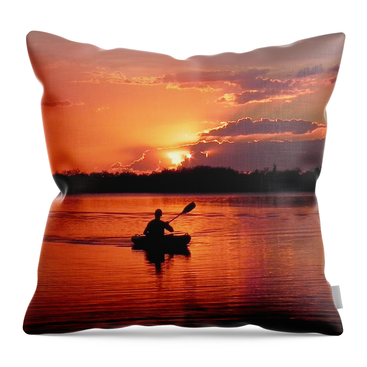 Canoe; Kayak; Sunset; Twilight; Evening; Lake; Lagoon; River; Water; Reflection; Reflecting; Wake Throw Pillow featuring the photograph Paddle to Home by Frances Miller