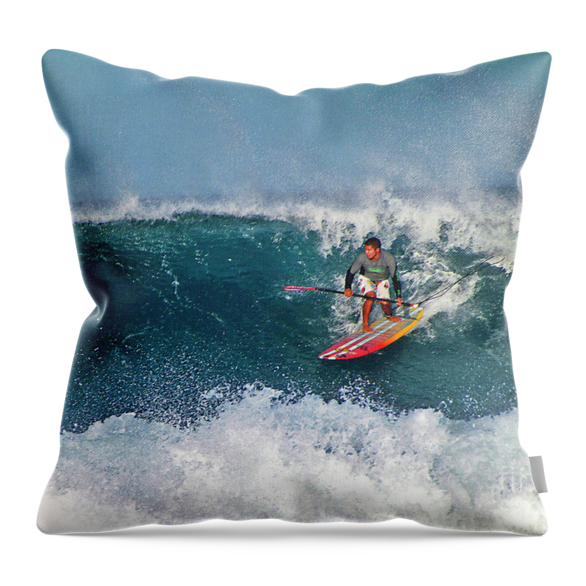 Paddleboard Surfer Throw Pillow featuring the photograph Paddleboarder Rides the Break by Bette Phelan
