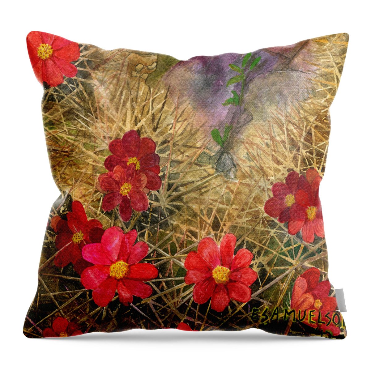 Hedge Hog Cactus In Bloom Throw Pillow featuring the painting Palo Verde 'mong the Hedgehogs by Eric Samuelson