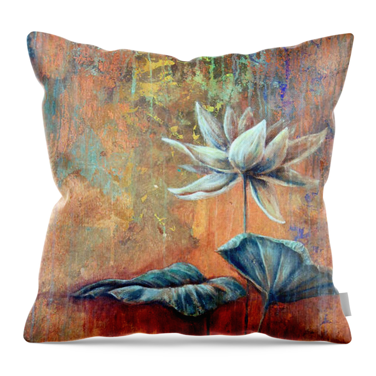 Floral Throw Pillow featuring the painting Lotus Patina by Ashley Kujan