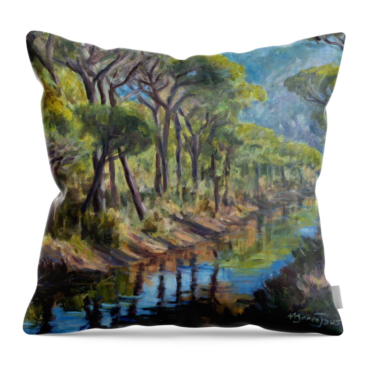 Pine Tree Mediterranean Wood Tuscany Maremma Canal Italy Throw Pillow featuring the painting Pine Wood Reflections by Marco Busoni