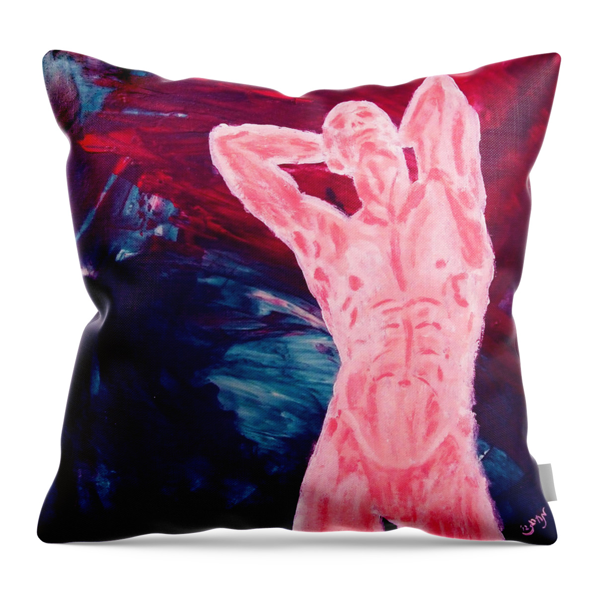Pink Throw Pillow featuring the painting Pink Transgender Male Nude Figure on Blue Green Red Chaotic Background of Transformation and Change by MendyZ M Zimmerman