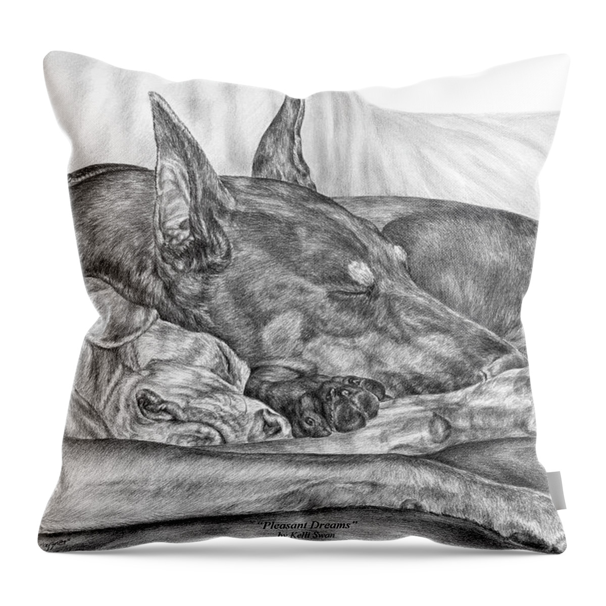 Doberman Throw Pillow featuring the drawing Pleasant Dreams - Doberman Pinscher Dog Art Print by Kelli Swan